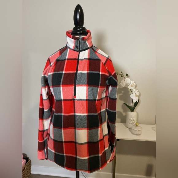 Eddie Bauer Red and Black Plaid Quarter-Zip Pullover - Picture 2 of 7
